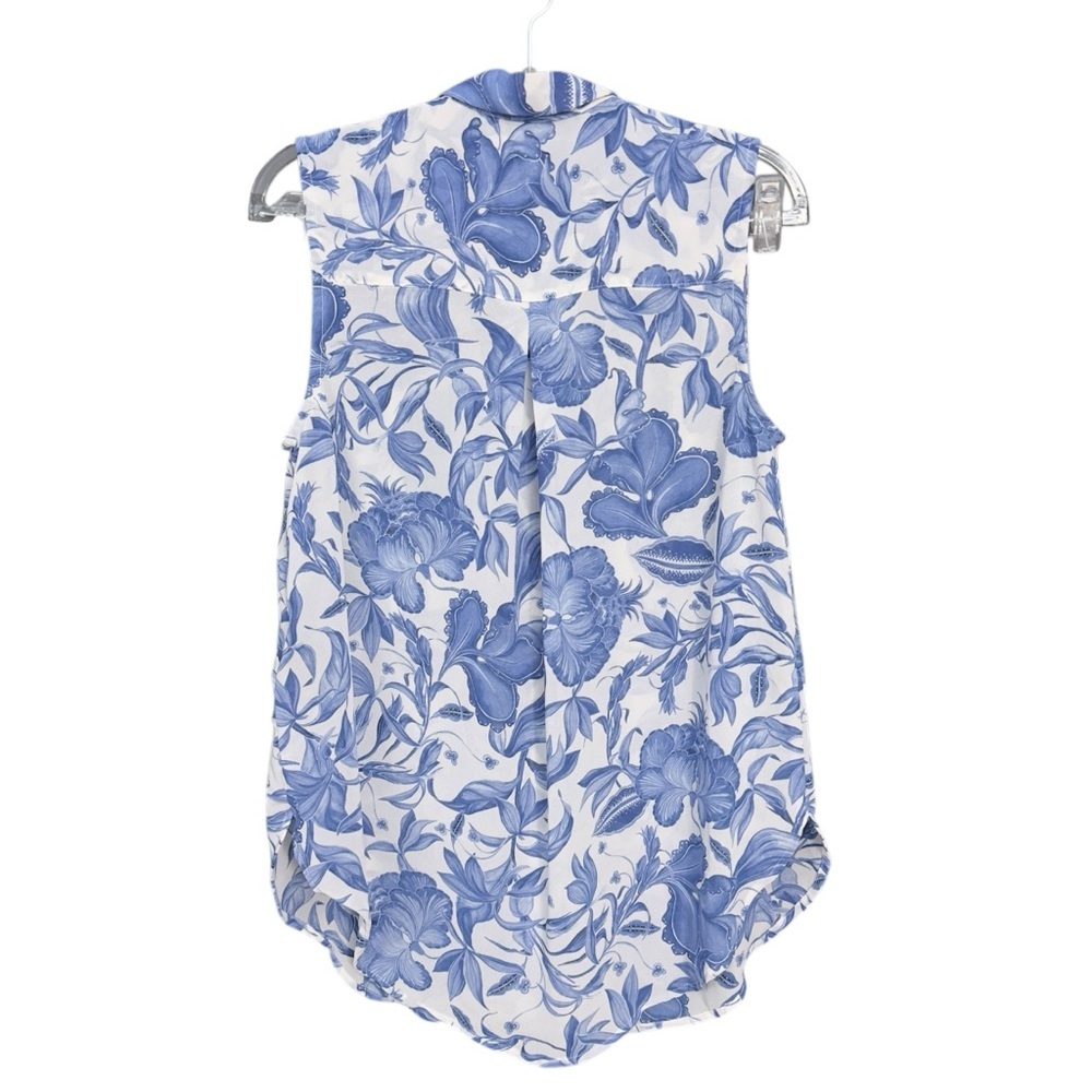 H&M Womens 2 Blue White Floral Sleeveless Button Front Blouse Sheer - Picture 2 of 10